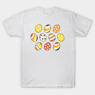 Egg Pattern | Yellow Orange Grey | Stripes Clouds Flowers Dots | White T-Shirt